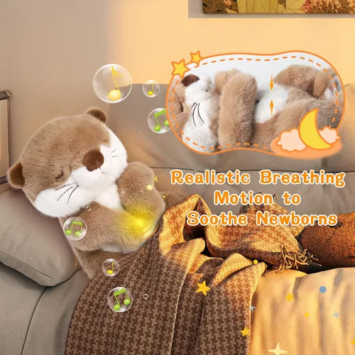 Miniatura 10 de LUKETURE Peluche de nutria respiratoria con movimiento rítmico, luz nocturna suave y ruido blanco, compañero de peluche calmante para relajación