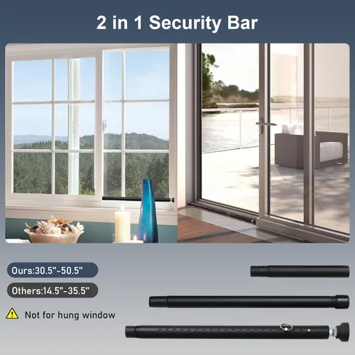Miniatura 3 de DIIG Barra de seguridad para puerta corredera, 17.7-50.5 pulgadas, barra de bloqueo de puerta de patio ajustable resistente con puntas de goma, Negro