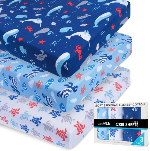 GROW WILD Blue Ocean - Sábanas de cuna para niños (paquete de 3), sábana bajera ajustable de punto de jersey (52 x 28 pulgadas), juego de ropa de