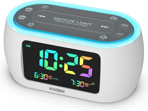 HOUSBAY Radio Despertador Pequeño y Colorido Glow con Dígito Arcoíris, Luz Nocturna de 7 Colores con Opciones de Encendido/Apagado, Alarma Doble,