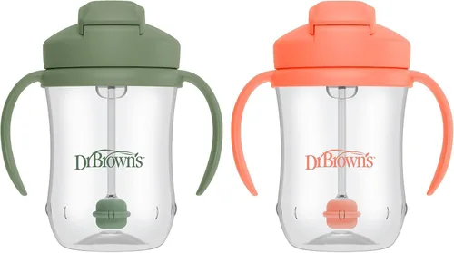 Miniatura 6 de Dr. Brown's - Primer vaso con popote para bebé, Hitos, 9 oz/270 ml, color coral y verde oliva, libre de BPA, 6 meses en adelante, 2