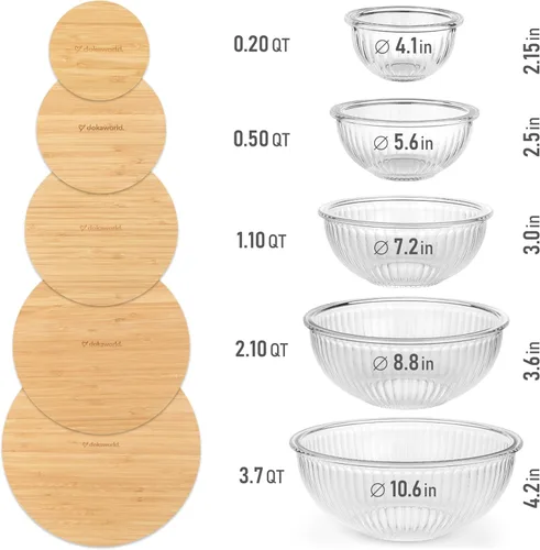 Miniatura 2 de Juego apilable de 5 cuencos de vidrio anidados para ahorrar espacio con tapas de bambú para preparación de alimentos, almacenamiento, horneado