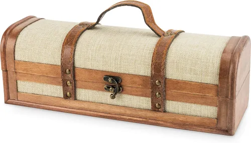 Twine Caja de regalo vintage para botella de vino, caja de vino de madera con tapa y asa, madera, piel sintética, latón, tela, capacidad para 1