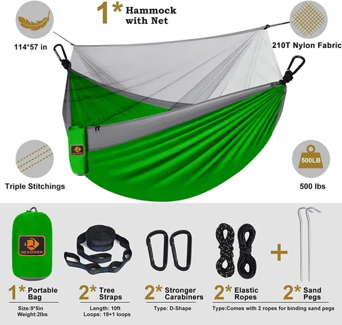 Miniatura 2 de Qevooon Hamaca de Camping con Red, Hamacas Dobles Portátiles Ligeras con Correas para Árboles y Mosquetones Sólidos en Forma de D, Hamaca de Nylon