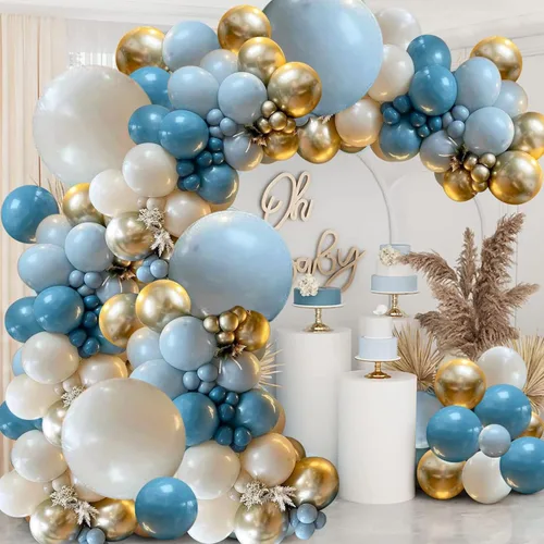 Kit de guirnalda de globos azul polvoriento, azul niebla, azul real, azul pastel, arena, blanco, dorado metálico, globos de látex para despedida de