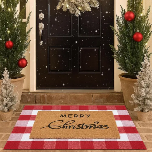 Miniatura 12 de Juego de tapetes de puerta de Navidad - Tapete de bienvenida 100% fibra de coco + alfombra a cuadros roja y negra de 28 x 43 pulgadas, juego