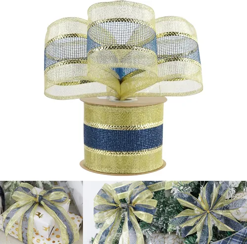 HUIHUANG Cinta con Alambre Azul Marino y Dorado de 2.5 Pulgadas, Dorado Metálico con Cinta de Malla de Purpurina Dorada para Decoraciones de Árboles