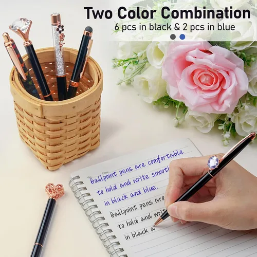 Miniatura 4 de WEMATE - Juego de 8 bolígrafos de metal con cristales y diamantes, con purpurina para diario, brillo negro en tinta negra y azul, elegantes