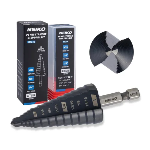 Miniatura 43 de NEIKO 10602B Step Drill Bit, 13 Steps 1/8" to 1/2" Spiral M35 Cobalt, AlTiSiN Coated, 1/4" Quick Change Step Bits for Steel, Metal, Wood, Plastic