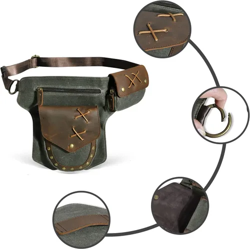 Miniatura 4 de Handadsume Lona resistente al agua más cuero motocicleta riñonera un hombro gota pierna muslo bolsa para hombres mujeres N211-8, El Verde Ejército