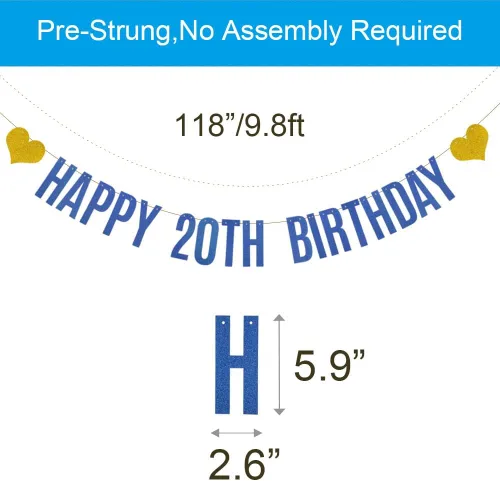 Miniatura 2 de Betteryanzi - Cartel de feliz cumpleaños 20, pre-encordado, guirnalda de papel con purpurina azul para suministros de decoración de fiesta de 20
