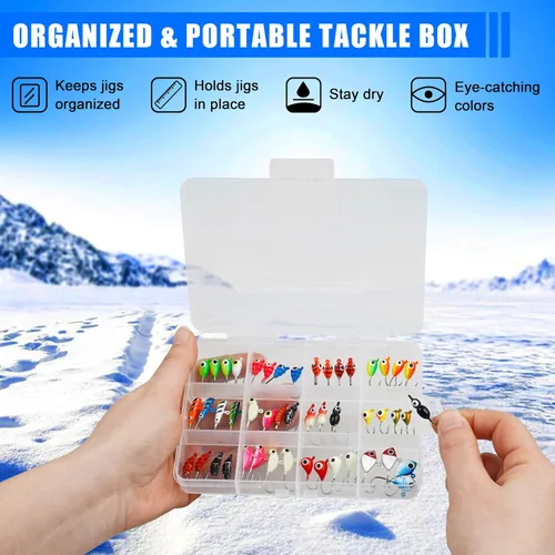 Miniatura 7 de Ice Fishing Jigs Lures kit, Luminous Ice Fishing Gear Crappie Panfish Jigs Head Fishing Hooks Set for Winter Ice Jigging Walleye Perch Bluegill