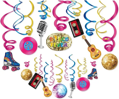 Decoraciones de espirales colgantes de discoteca de 30 unidades, suministros de fiesta de los años 50, 60, 70, 80 y 90, decoración temática de