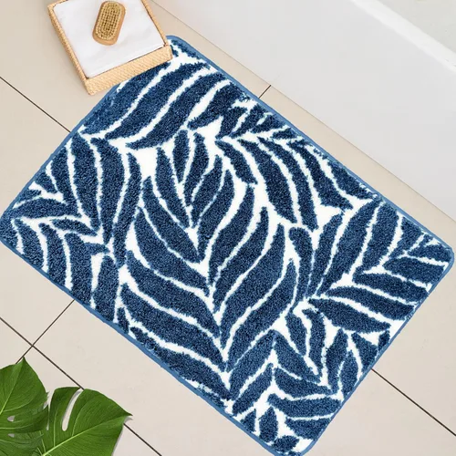 Alfombra de Baño Azul - Alfombra de baño azul oscuro pequeña con hojas tropicales, antideslizante, lavable, para suelo de baño, bonita alfombra de