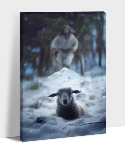 Miniatura 39 de Arte de pared en lona de Jesús y Cordero, Imagen de Jesús Corriendo tras la Oveja Perdida, Arte de pared religioso de Jesús Dejando las 99, Pinturas