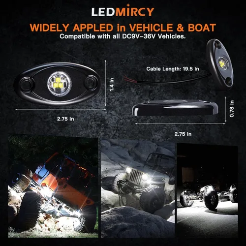 Miniatura 6 de LEDMIRCY R1 - Luces de roca blanca pura, 40 unidades, luces LED de alta potencia para todoterreno, camión, ATV, UTV, SUV, RZR, luz impermeable a