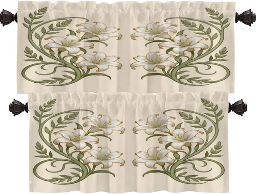 Miniatura 55 de Shrahala Art Nouveau Floral Pattern Blackout Curtain Tiers, Delicate Vine and Flower Design Kitchen Valance Light Blocking Tier Drapes with Rod