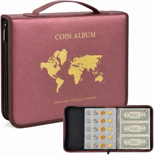 Miniatura 14 de ANKHOH Soporte para libros de colección de monedas con cremallera para coleccionistas, 200 bolsillos para monedas y 30 fundas para billetes, de piel