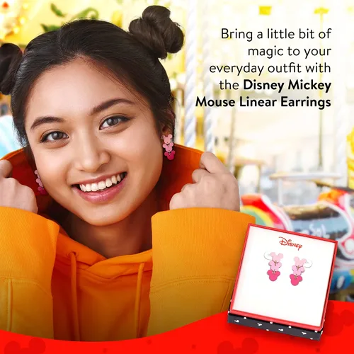 Miniatura 2 de Disney Aretes colgantes lineales de Mickey Mouse para mujeres y niñas, un par en caja de regalo de joyería auténtica con 3 dijes colgantes