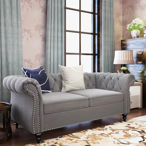 QHITTY Sofá de Acento, Sofá Biplaza Chesterfield Moderno de Terciopelo, Sofá Tapizado con Respaldo Capitoné para Muebles de Sala de Estar (Gris)