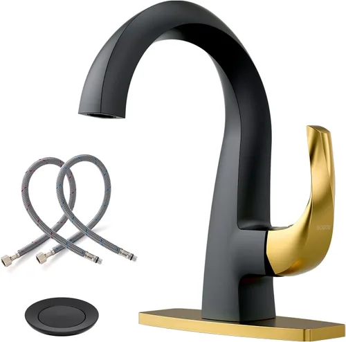Miniatura 11 de WOWOW Grifo de Baño de Una Sola Manija 1 Agujero Arco Alto Lavabo de Baño Bronce Aceitado Frotado con Desagüe Emergente, Grifo de Lavabo de Baño