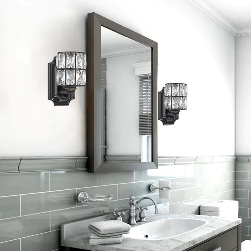 Miniatura 7 de Paquete de 2 lámparas de pared de cristal con acabado negro, lámpara de pared de estilo moderno y conciso, pantalla de cristal poliédrico para baño