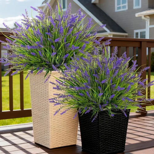 Miniatura 16 de Flores artificiales para decoración al aire libre, 12 paquetes de hierba falsa de mono para el hogar, jardín, porche, balcón, flores de lavanda