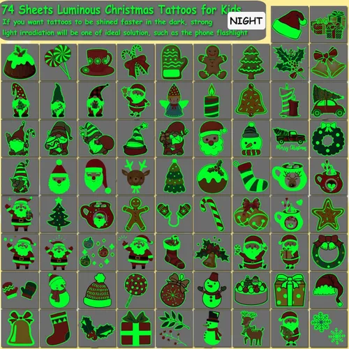 Miniatura 2 de CHARLENT Tatuajes temporales de Navidad que brillan en la oscuridad para suministros de fiesta de niños, 74 hojas individuales, tatuajes luminosos
