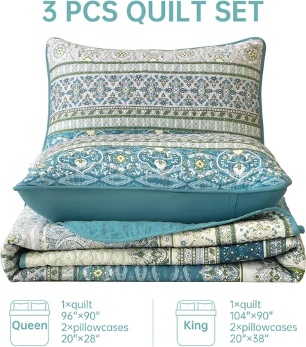 Miniatura 7 de WONGS BEDDING Juego de edredón bohemio tamaño Queen Aqua, juego de colcha de 3 piezas a rayas, de microfibra ligera y suave bohemia para todas