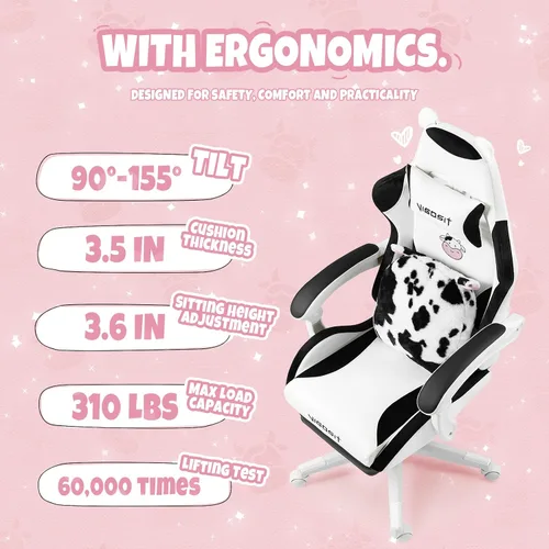 Miniatura 6 de Vigosit Linda silla de juegos con cojín lumbar de patas, silla de videojuegos de PC para niñas, adolescentes y mujeres (negro y blanco)