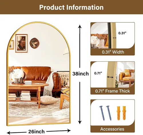 Miniatura 5 de XRAMFY Espejo de Pared Arqueado de 26" x 38" para Baño, Espejo de Tocador Dorado para Dormitorio, Sala de Estar, Entrada, Espejo Colgante Decorativo