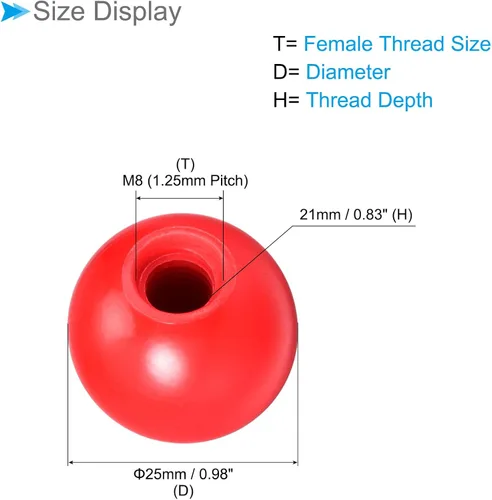 Miniatura 2 de Pomos de bola termoestable, rosca hembra M8 de 0.984 in de diámetro, agarre de tornillo de mano métrica de plástico rojo