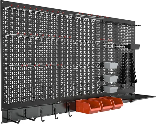 TORACK Sistema organizador de pared de metal para garaje, 109 piezas de accesorios de tablero de clavijas, kit organizador de herramientas con cubos