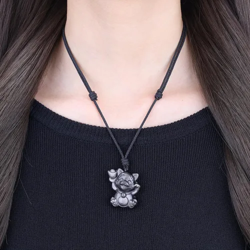 Miniatura 3 de COAI Collar colgante de piedra de obsidiana de gato de la suerte, Piedra, obsidiana