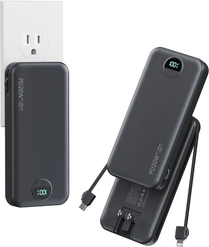 Miniatura 15 de Cargador ultraportátil de 10000 mAh con cables integrados y enchufe de pared de CA, cargador de teléfono celular de carga rápida PD20W USB-C, Púrpura