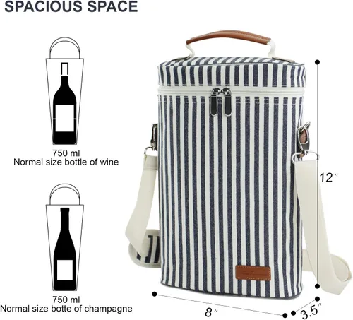 Miniatura 5 de Bolsa para 2 Botellas de Vino, Azul Oscuro, Capacidad de 750 mL, Material de Poliéster, Con Correa para el Hombro y Sacacorchos