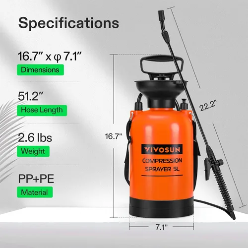 Miniatura 2 de VIVOSUN Pulverizador a presión de bomba de 1.35 galones, botella de agua a presión para césped y jardín con correa ajustable para el hombro