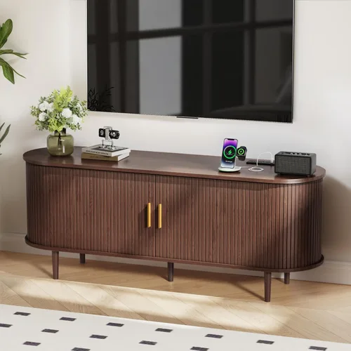 Miniatura 19 de DHH Soporte de TV moderno de mediados de siglo de 55 pulgadas con toma de corriente para televisores de hasta 60 pulgadas, centro de entretenimiento