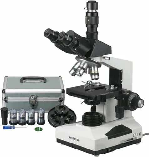 Miniatura 6 de AmScope Microscopio trinocular compuesto T490A-PCS, oculares WF10x y WF16x, aumento 40X-1600X, campo brillante, iluminación halógena, condensador