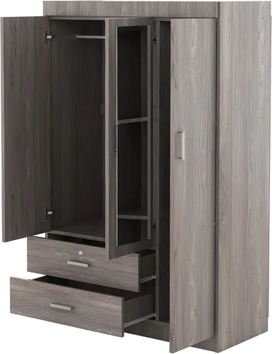 Miniatura 8 de Armario de madera de 68.2 pulgadas de alto con espejo, moderno armario independiente de madera con 3 puertas y cajones de bloqueo, armario