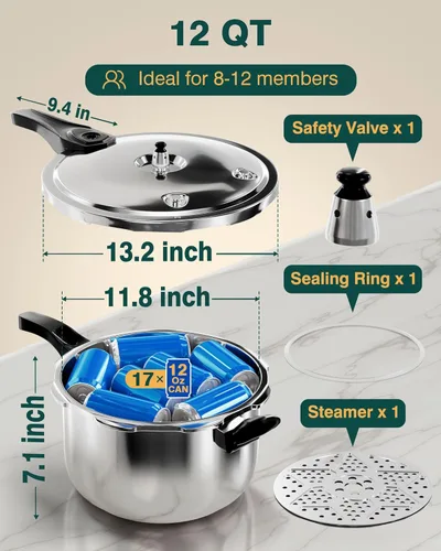 Miniatura 6 de WantJoin Olla a presión, olla de presión de acero inoxidable de 12 cuartos, olla de cocina compatible con inducción con dispositivos de seguridad