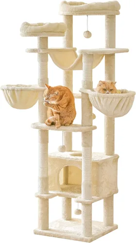 Miniatura 13 de Árbol para gatos de 77 pulgadas de alto, torre grande de varios niveles para gatos con 4 hamacas, 2 perchas acolchadas, condominio para gatos, Beige