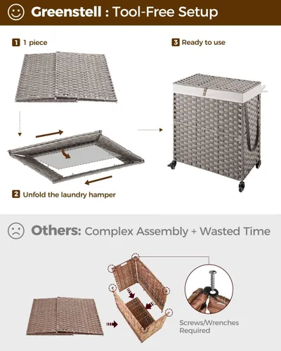 Miniatura 93 de GREENSTELL Cesta para ropa sucia con ruedas y tapa, 130 L, cesta grande de 3 secciones con 2 tipos de bolsas de forro extraíbles, 5 bolsas de malla