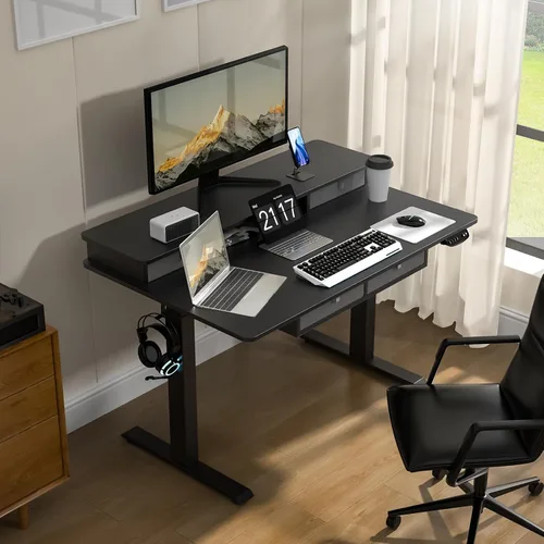 Miniatura 2 de Escritorio eléctrico de pie ampliado de 48 x 30 pulgadas, altura ajustable con 4 cajones, estantes de almacenamiento dobles, estación de trabajo