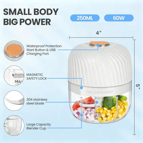 Miniatura 2 de Picador eléctrico de ajo, mini picador portátil de verduras, molinillo de ajo de 8.5 fl oz, triturador de cebolla, licuadora a verduras, procesador
