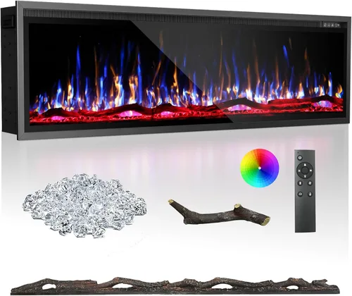 BREEZEHEAT - Chimenea eléctrica de 183 cm para empotrar y colocar en la pared, chimenea lineal, calentador de 750/1500 W con control de temperatura,