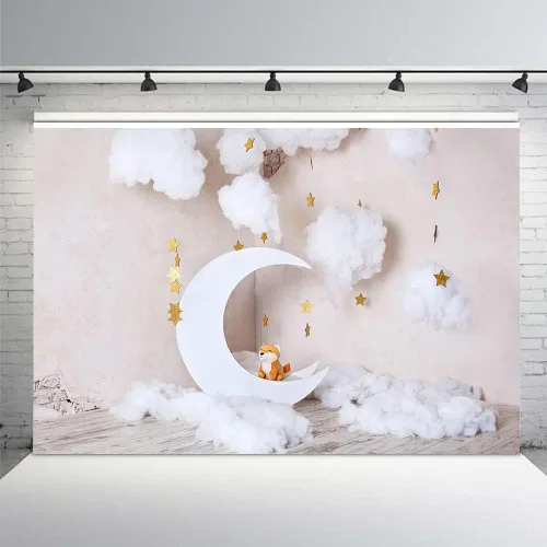 MEHOFOND Telón de fondo de fotografía de luna dorada para niños, pared gris, nube blanca, perro, recién nacido, bebé, sesión de fotos, telón de