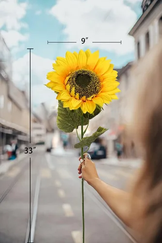 Miniatura 6 de Girasoles artificiales grandes de 9 pulgadas, flores artificiales de tallo largo de 33 pulgadas de alto, girasoles de seda gigantes con tallo