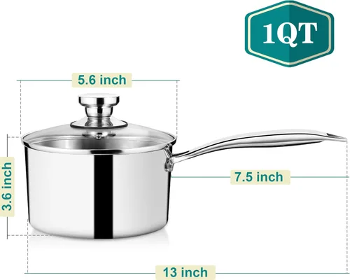 Miniatura 2 de P&P CHEF Olla y cacerola de tres capas de 1 cuarto de galón, sartén de acero inoxidable con tapa, olla de inducción de cocina, utensilios de cocina