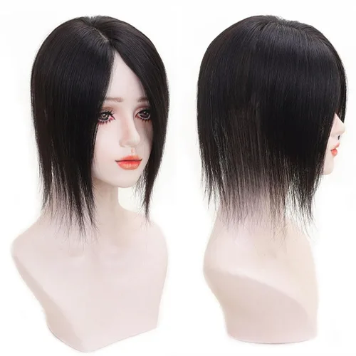 Miniatura 6 de Parte en U de cabello humano real con base de seda, parte lateral, clip en el postizo lacio, sin costuras, repuesto para pérdida de cabello de Negro
